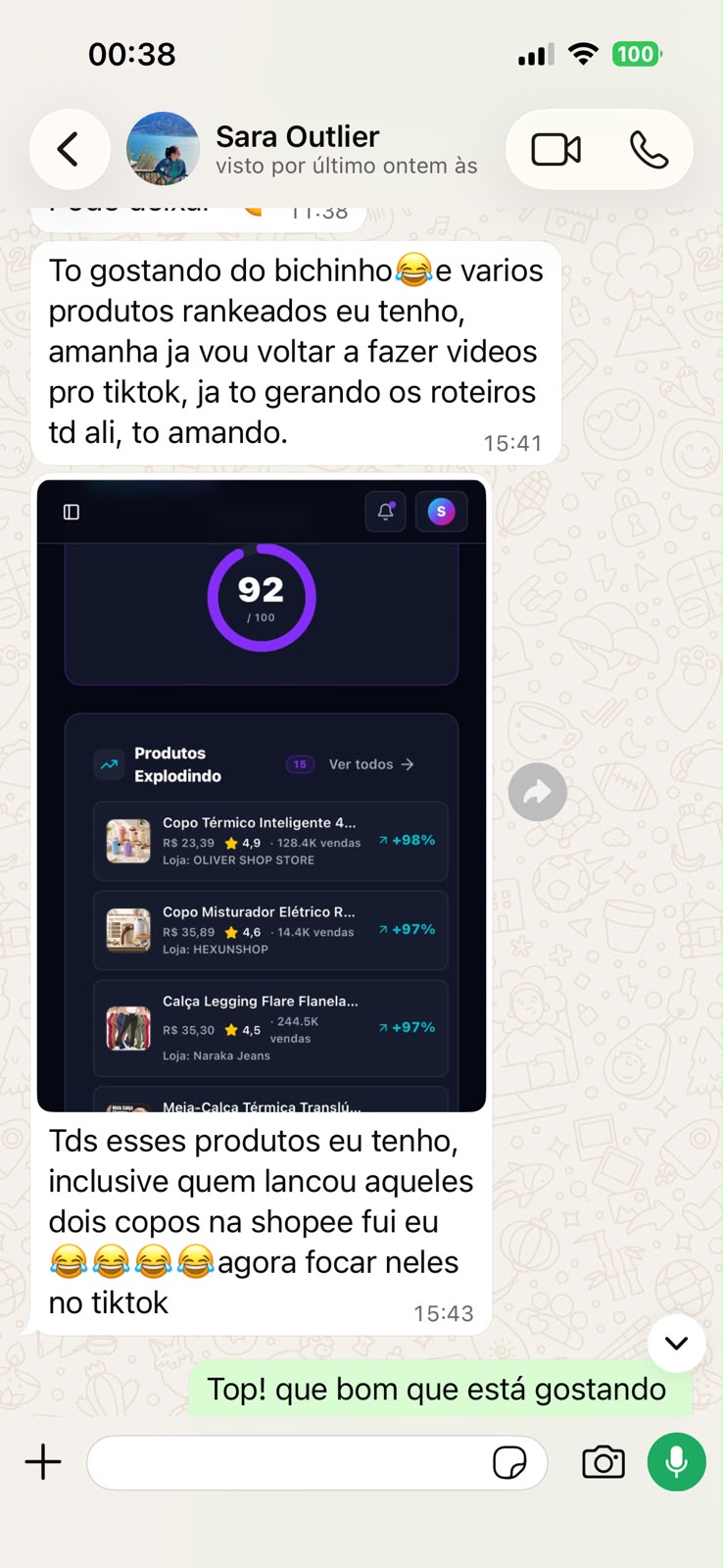 Conversa de usuária aprovando os produtos do CMV Radar