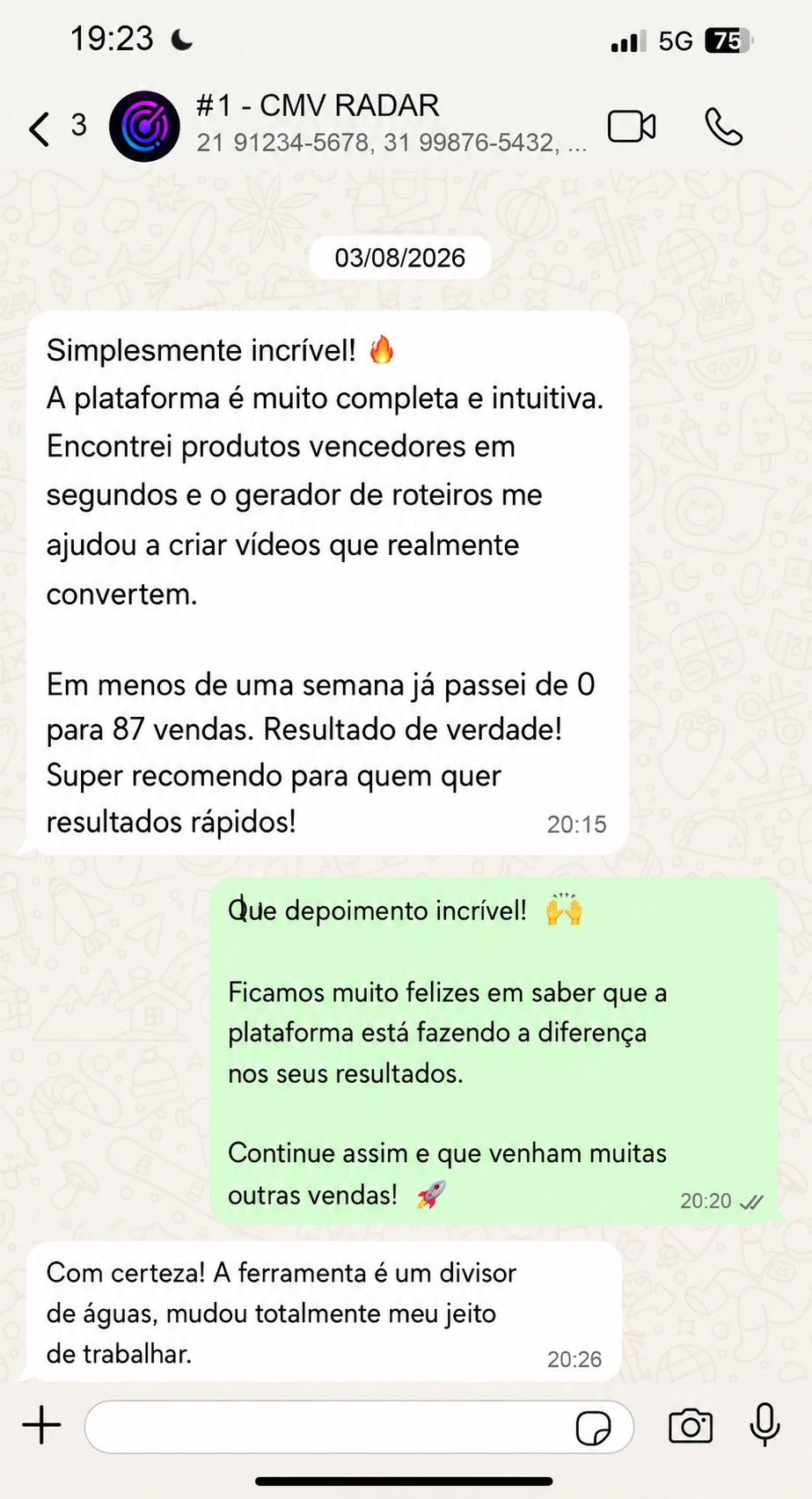 Depoimento real de usuário do CMV Radar no WhatsApp