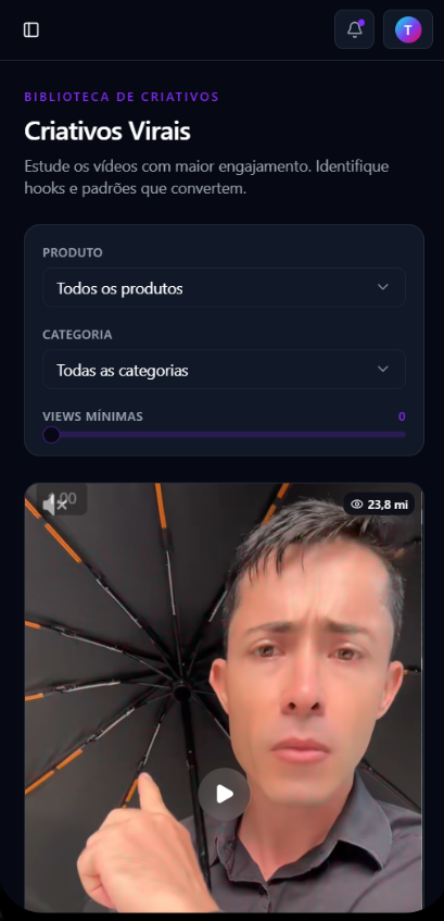 Criativos virais no CMV Radar no celular