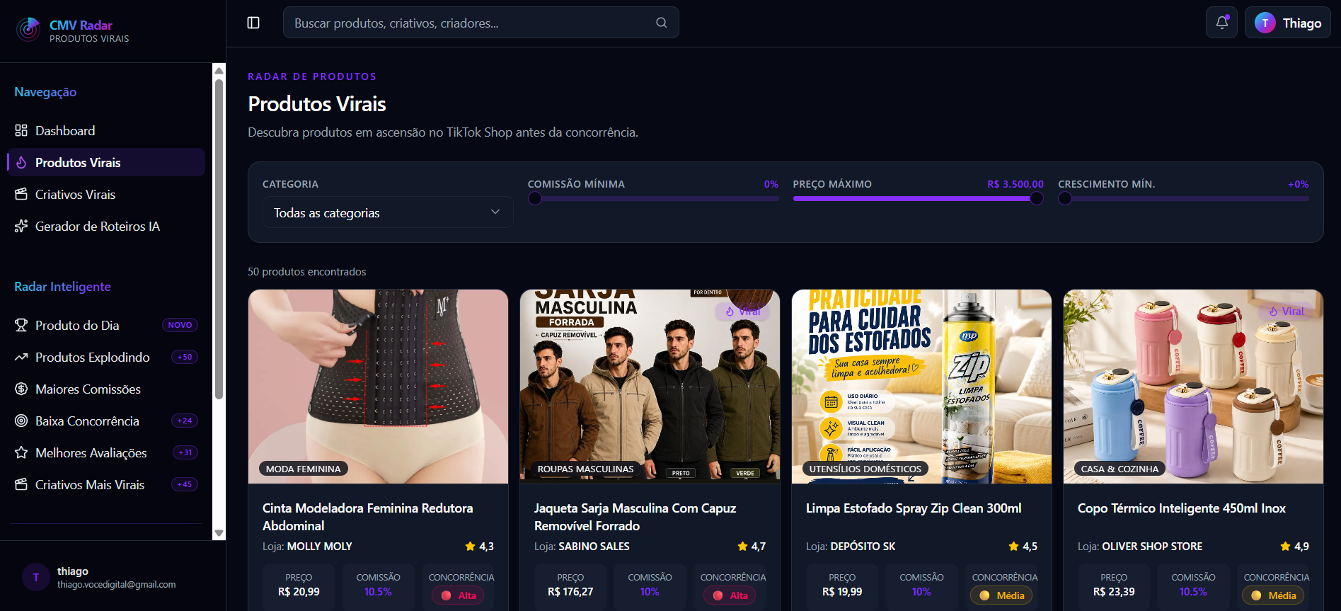 Lista de produtos virais no CMV Radar